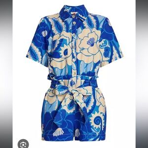 FARM RIO Blue and White Tropical Groove Linen Romper Size Small